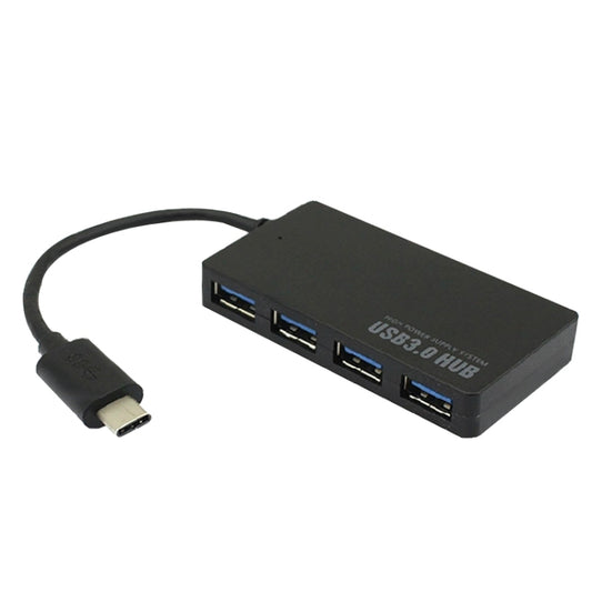 Black USB-C 4-port USB 3.0 hub adapter with blue USB-A ports and attached cable