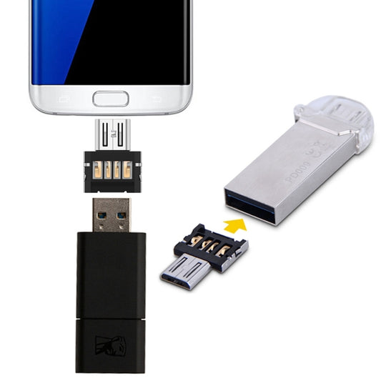 Mini micro USB OTG USB drive reader adapter with USB connectors and metal contacts