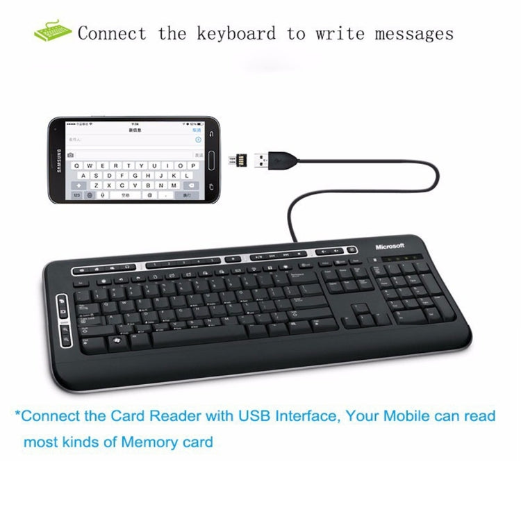Micro USB OTG adapter connected to a phone with USB plug and keyboard setup