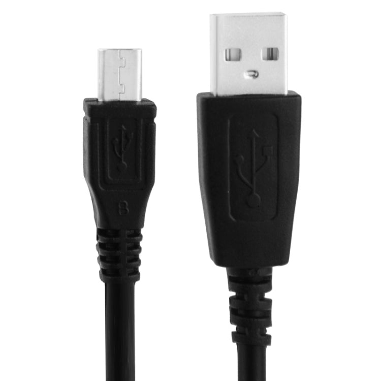 Black Micro USB to USB cable with micro connector on left and USB plug on right