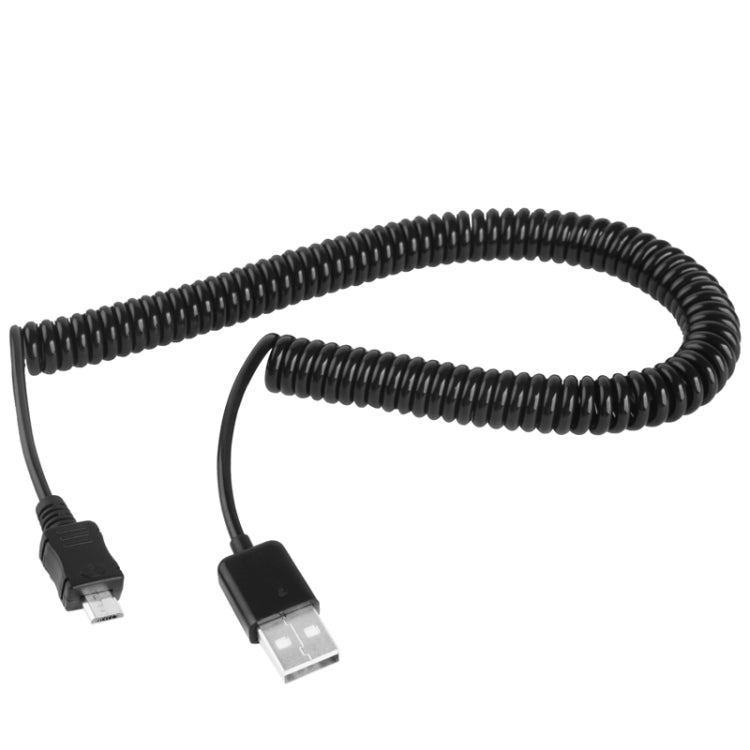 Black coiled micro USB charging and data sync cable with USB-A connector
