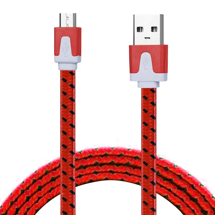 Red braided USB-A to Micro-USB charging cable, close-up of both connectors.