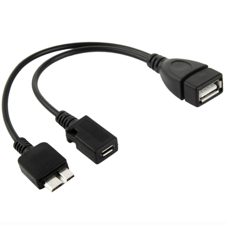 Black USB-A to dual micro USB cable with two connector ends for charging and data