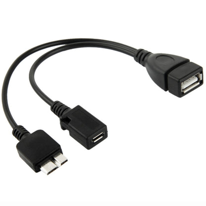 Black USB-A to dual micro USB cable showing three connectors along the wire