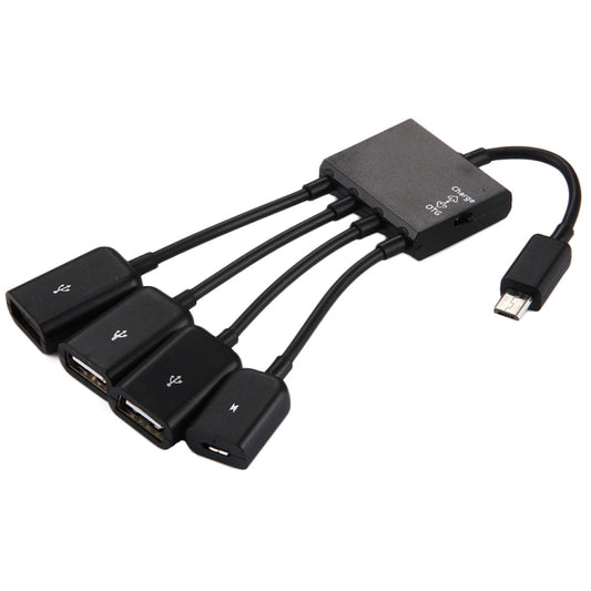 Black OTG USB hub adapter with four USB output ports and a USB plug cable