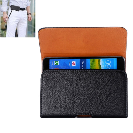 Two-tone leather phone case, black front with orange top, card slots inside
