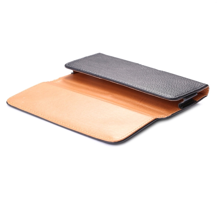 Leather phone wallet case, black flap over tan base with stitched edge