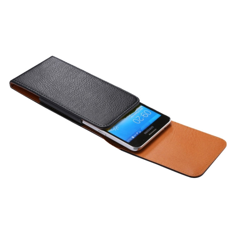 Horizontal leather wallet-style phone case with litchi texture and fold-over flap