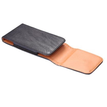 Leather phone case with litchi texture, snap flap, and orange inner lining