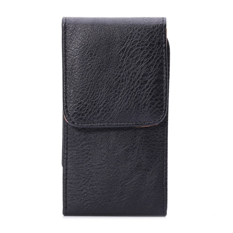 Black litchi-texture leather phone case with magnetic flap and stitched edges