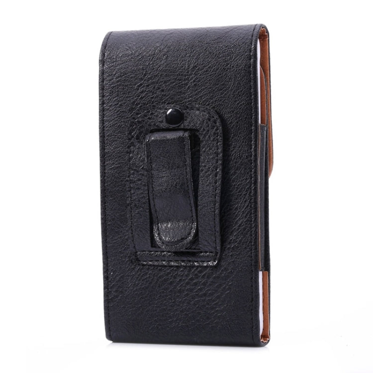 Black leather phone case with litchi texture and rectangular cutout for device port