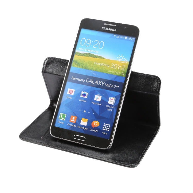 Black crazy horse texture phone wallet case with phone upright in stand mode