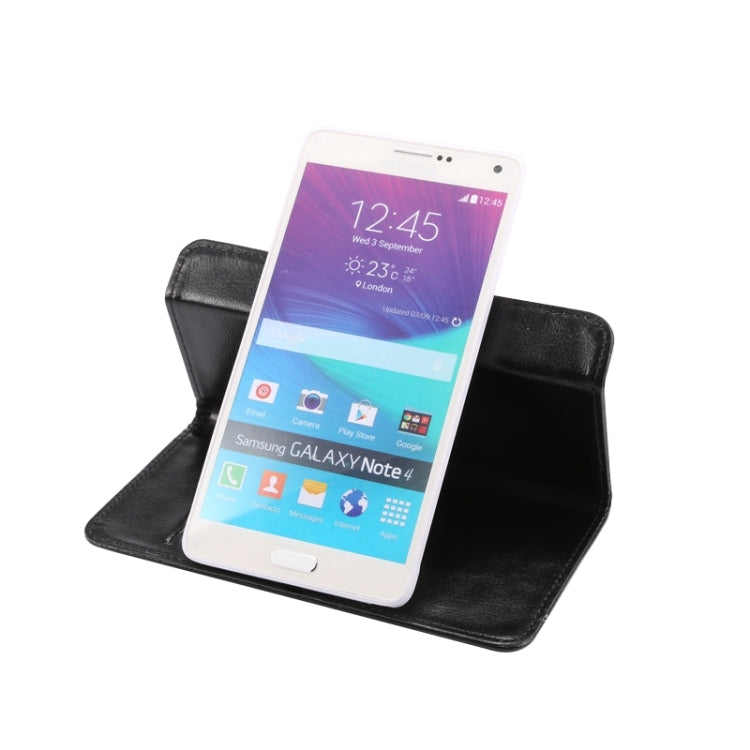 Black faux leather flip phone case with built-in stand for landscape viewing