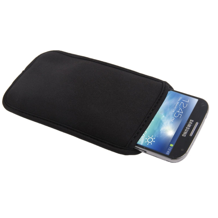 Waterproof phone carry case with open flap, dark fabric pocket holds a smartphone