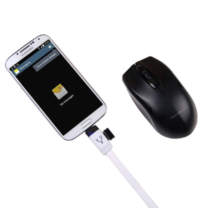 White OTG cable with micro USB connector plugged into smartphone and mouse