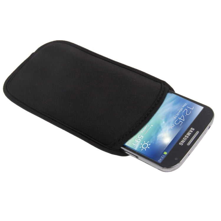 Black fabric smartphone sleeve with phone partially inserted, screen visible