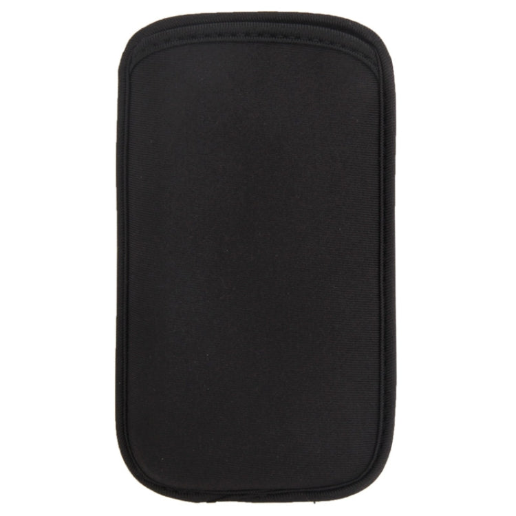 Black fabric smartphone sleeve pouch with rounded edges and stitched trim