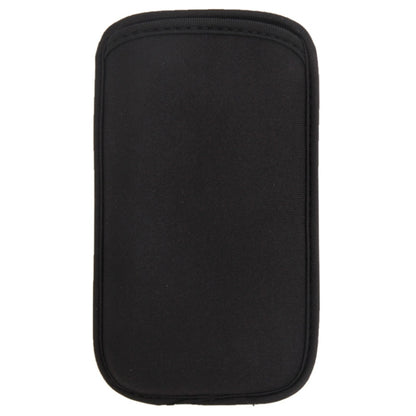 Black fabric smartphone sleeve pouch with rounded edges and stitched trim