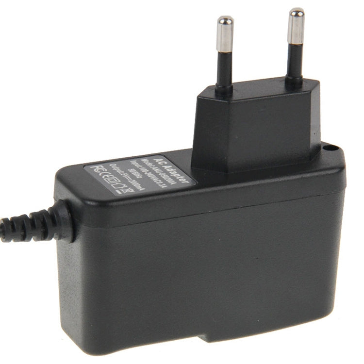 Black AC wall charger with dual metal prongs and DC barrel output