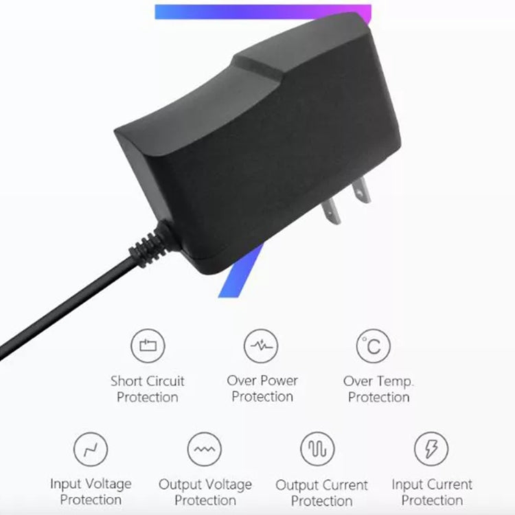 Black AC adapter with DC cable and multi-protection icons
