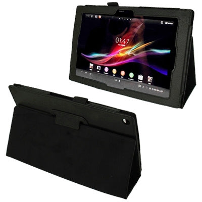 Black litchi-texture leather tablet case with stand and viewing window