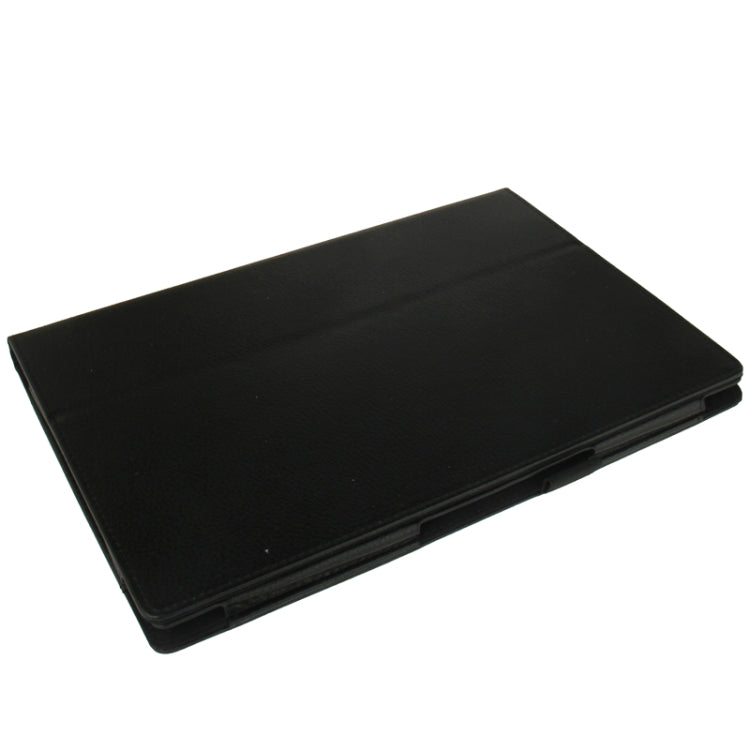 Black litchi-texture leather tablet case, closed back view