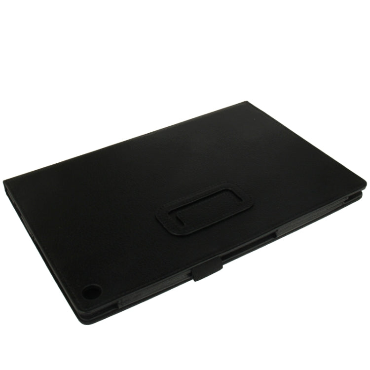 Black litchi-texture leather tablet case with rear strap and stand slot