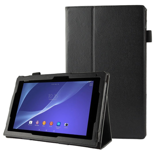 Litchi-textured black leather folio case with built-in tablet stand and holder