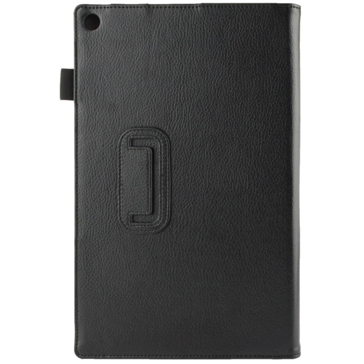 Black litchi-textured leather folio case with embossed logo patch and side strap