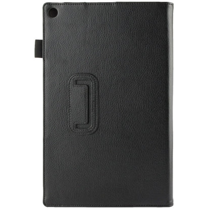 Black litchi-textured leather folio case with embossed logo patch and side strap