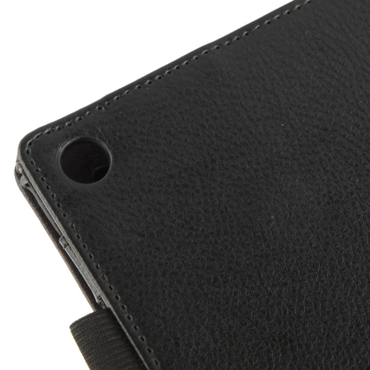 Black litchi-textured leather case with stitched corner and round device opening