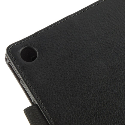 Black litchi-textured leather case with stitched corner and round device opening