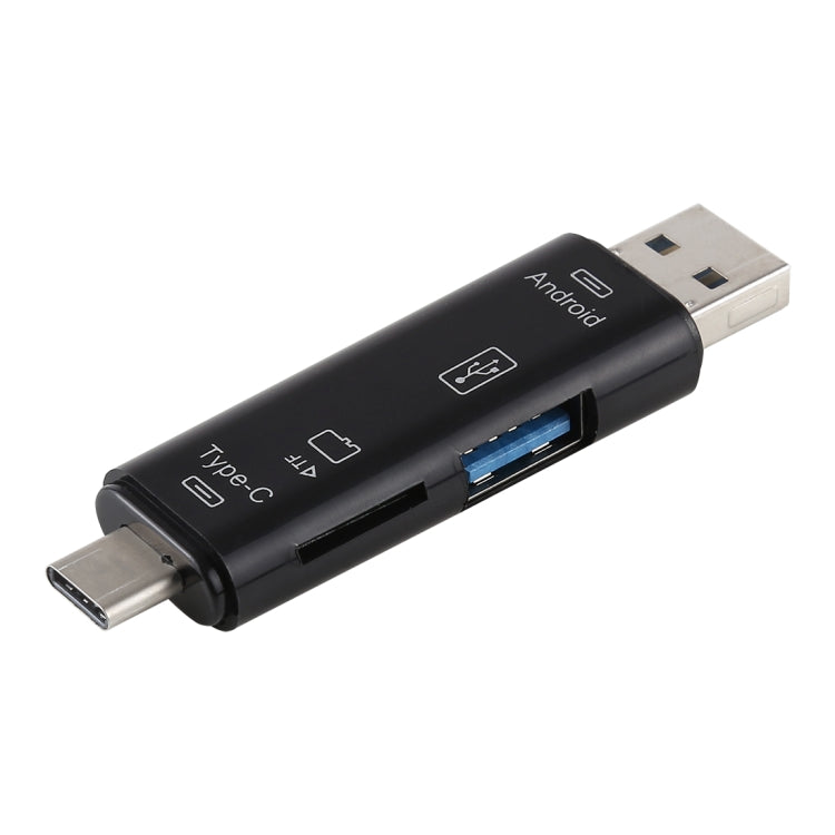 3-in-1 TF card reader OTG adapter with Type-C and USB-A connectors, black