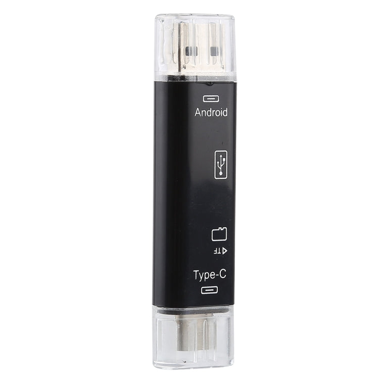 Black OTG adapter card reader with dual connectors in clear retail packaging