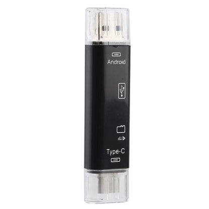 Black OTG adapter card reader with dual connectors in clear retail packaging