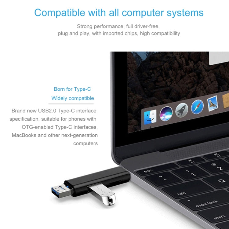 USB-A OTG adapter with Type-C and Micro-USB support, connected to laptop