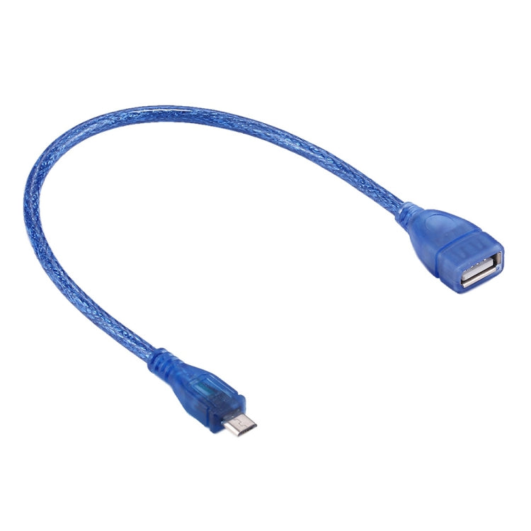 Blue micro USB male to USB-A female OTG adapter cable, 29 cm length
