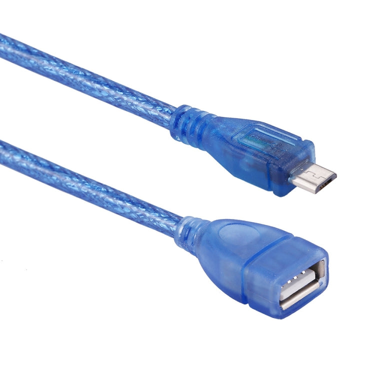 Blue OTG adapter cable with micro USB male and USB-A female connectors, close-up