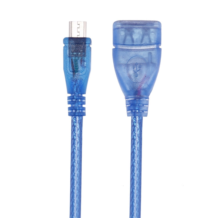 Blue micro USB male and USB-A female OTG adapter cable ends, connector view