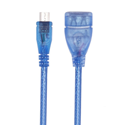 Blue micro USB male and USB-A female OTG adapter cable ends, connector view