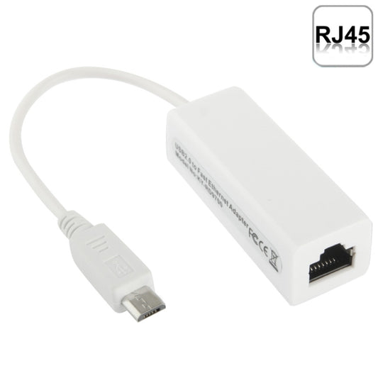 Micro USB 2.0 to Ethernet adapter with RJ45 port and white cable