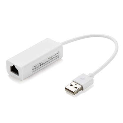 White USB to Ethernet adapter with RJ45 port and USB plug, 20cm cable