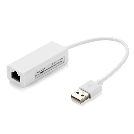 White USB to Ethernet adapter with RJ45 port and USB plug, 20cm cable