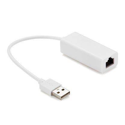 White USB to Ethernet adapter with RJ45 housing and USB connector cable