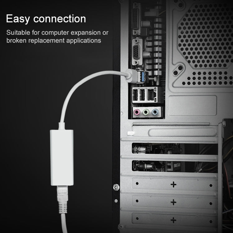 USB Ethernet adapter connected to a computer rear expansion port with RJ45
