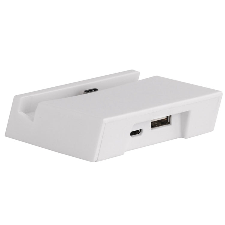 White USB-C dock stand showing two ports on the side