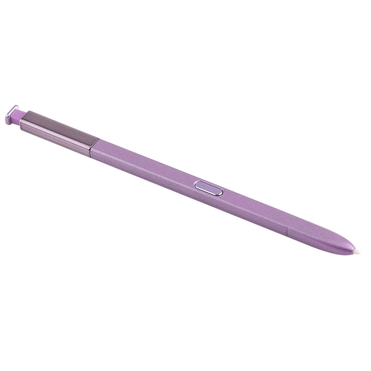 Purple stylus pen, side view with clip and long tapered tip