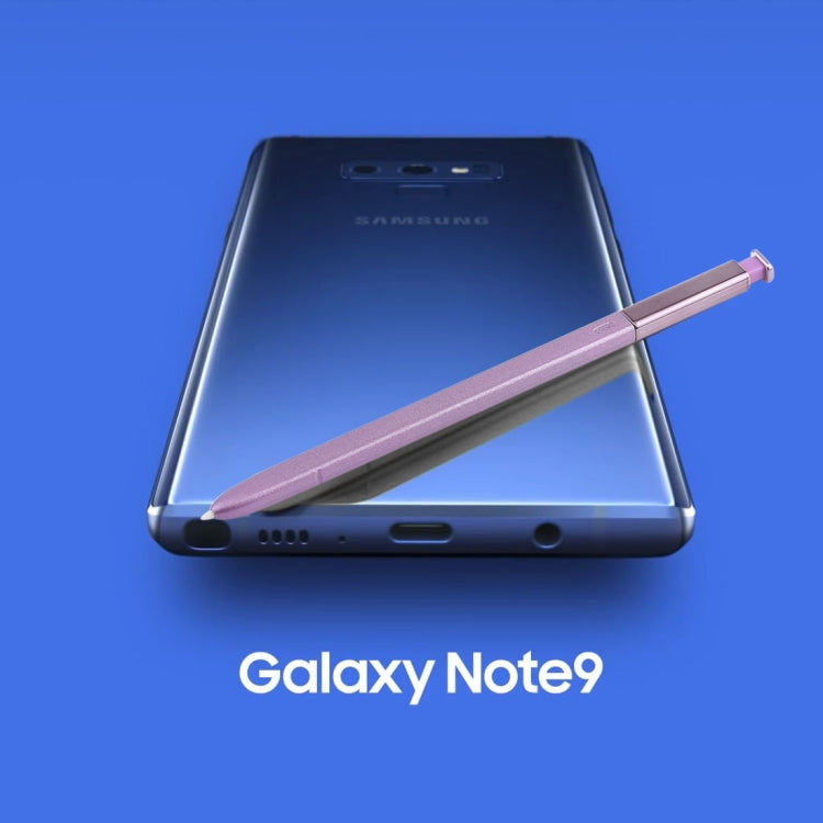 Purple stylus pen resting alongside Galaxy Note9 phone