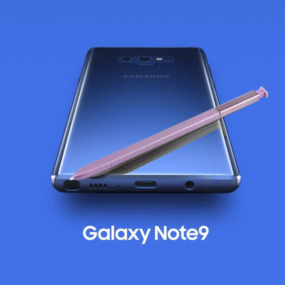 Purple stylus pen resting alongside Galaxy Note9 phone