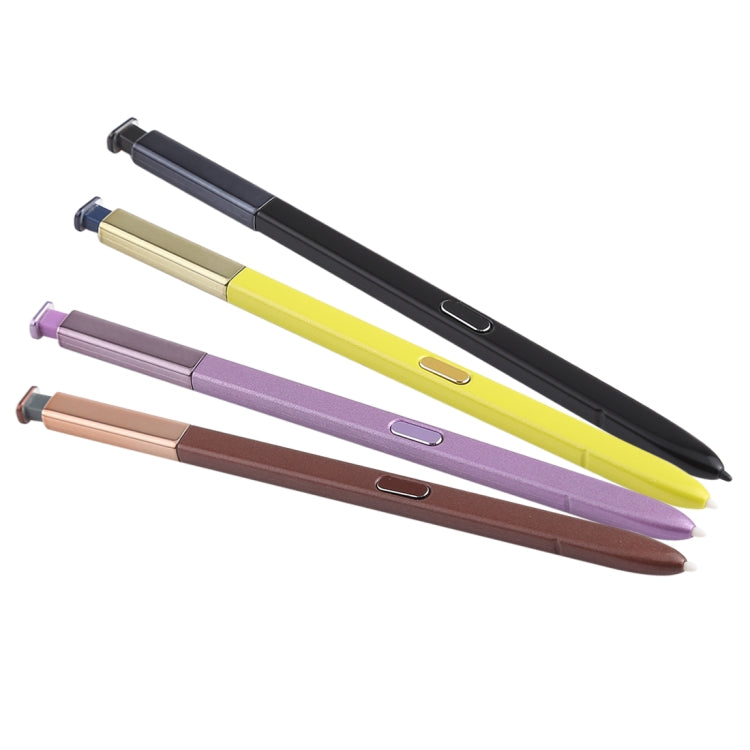 Portable stylus pens, slim no-Bluetooth design, shown in purple, yellow, and black.